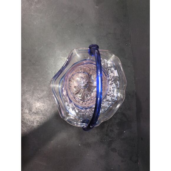 Hand Blown Art Glass Basket w/ Cobalt Blue Spiral White Opalescent Splatter Wavy - Picture 6 of 10